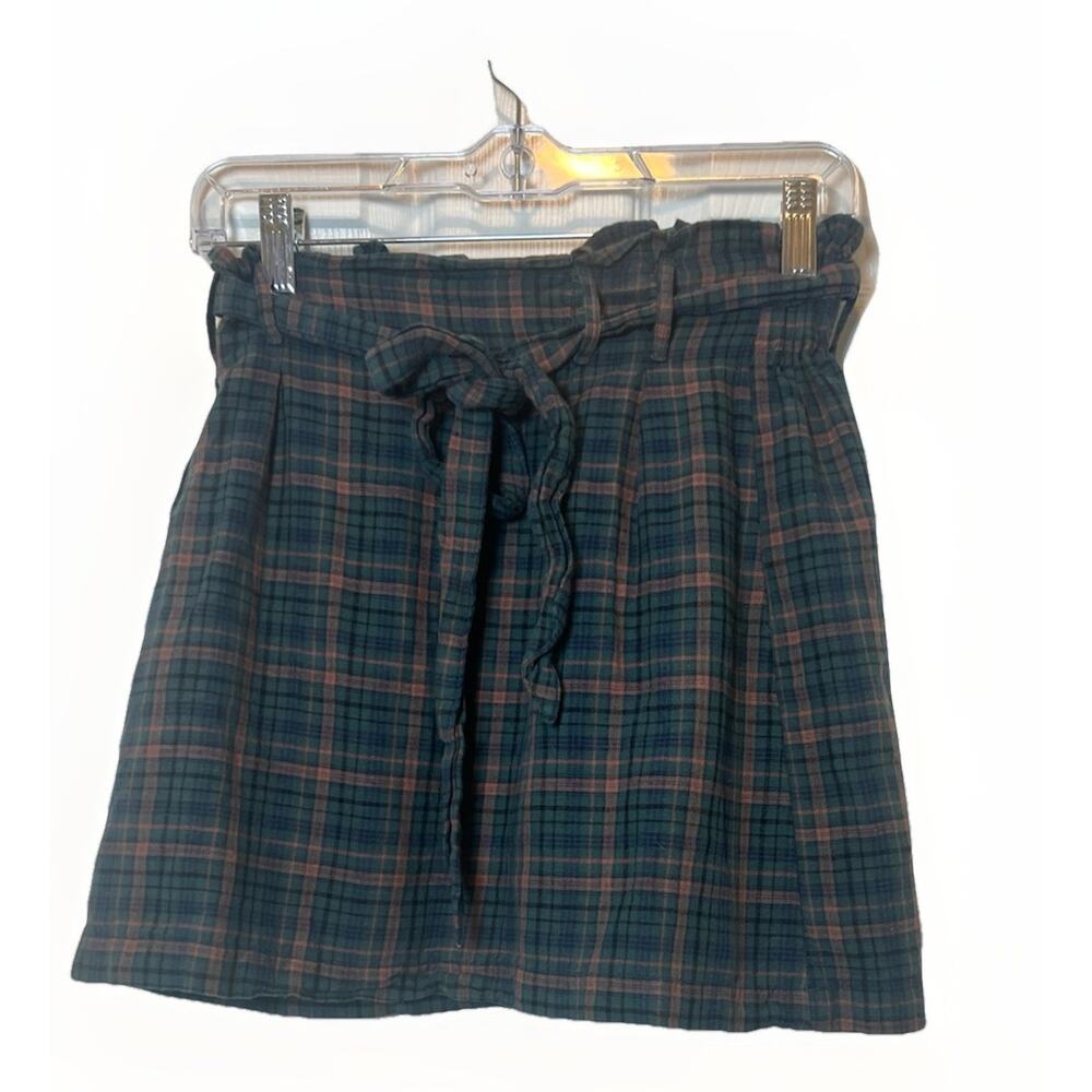 American Eagle Women Skirt‎ Green Plaid Linen Blend Belted A Line Mini Size XS